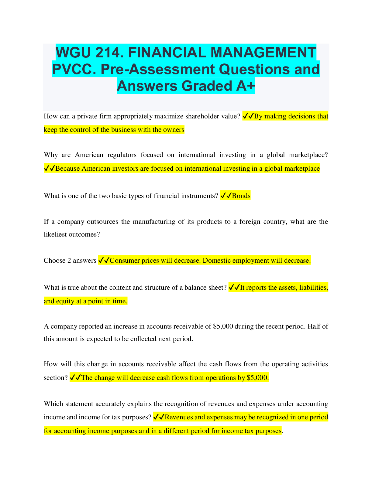Preview of WGU 214. FINANCIAL MANAGEMENT PVCC. Pre-Assessment Questions and Answers Graded A+